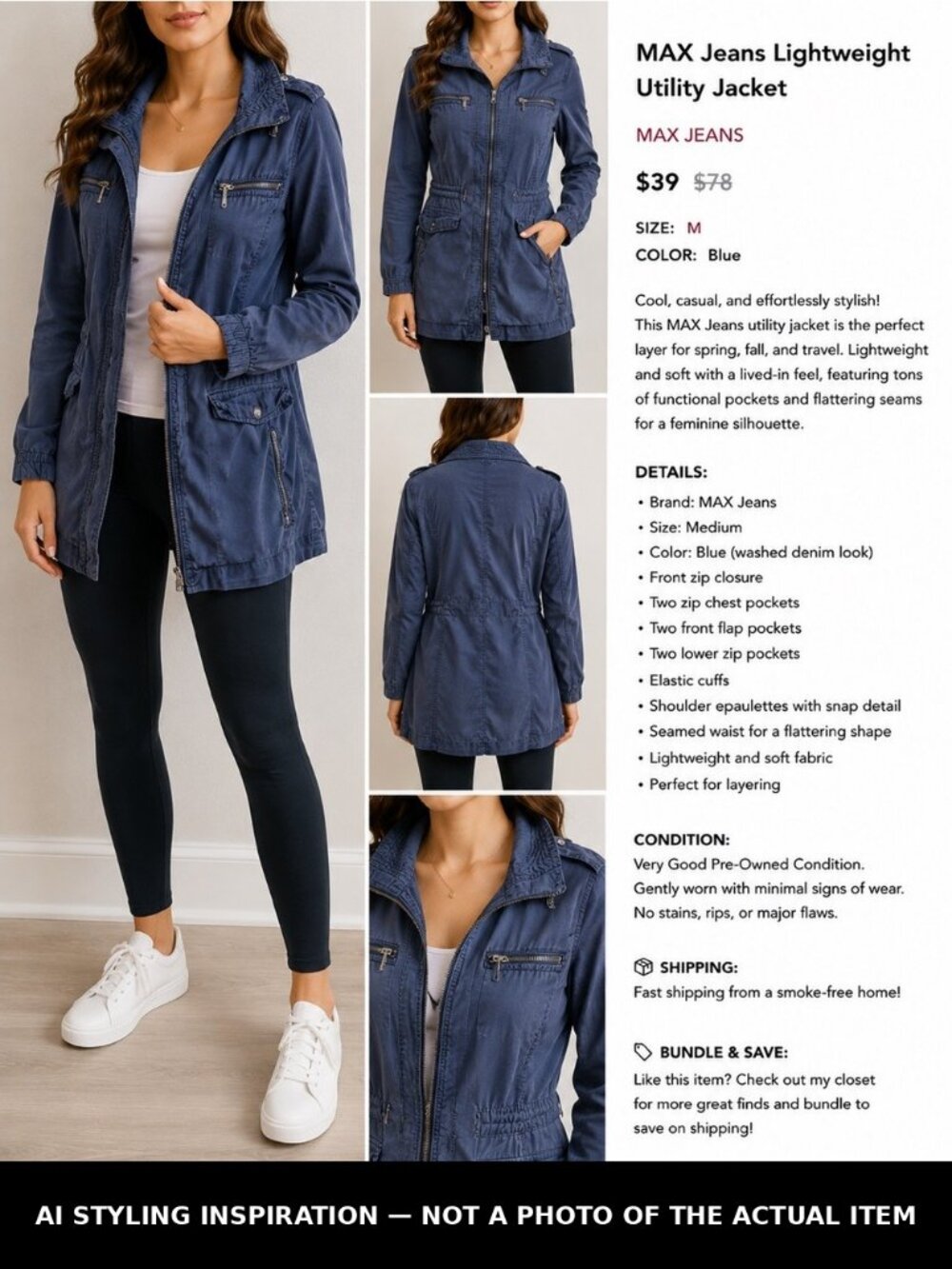 Max Jeans Washed Denim Utility Jacket Womens M Vintage Wash